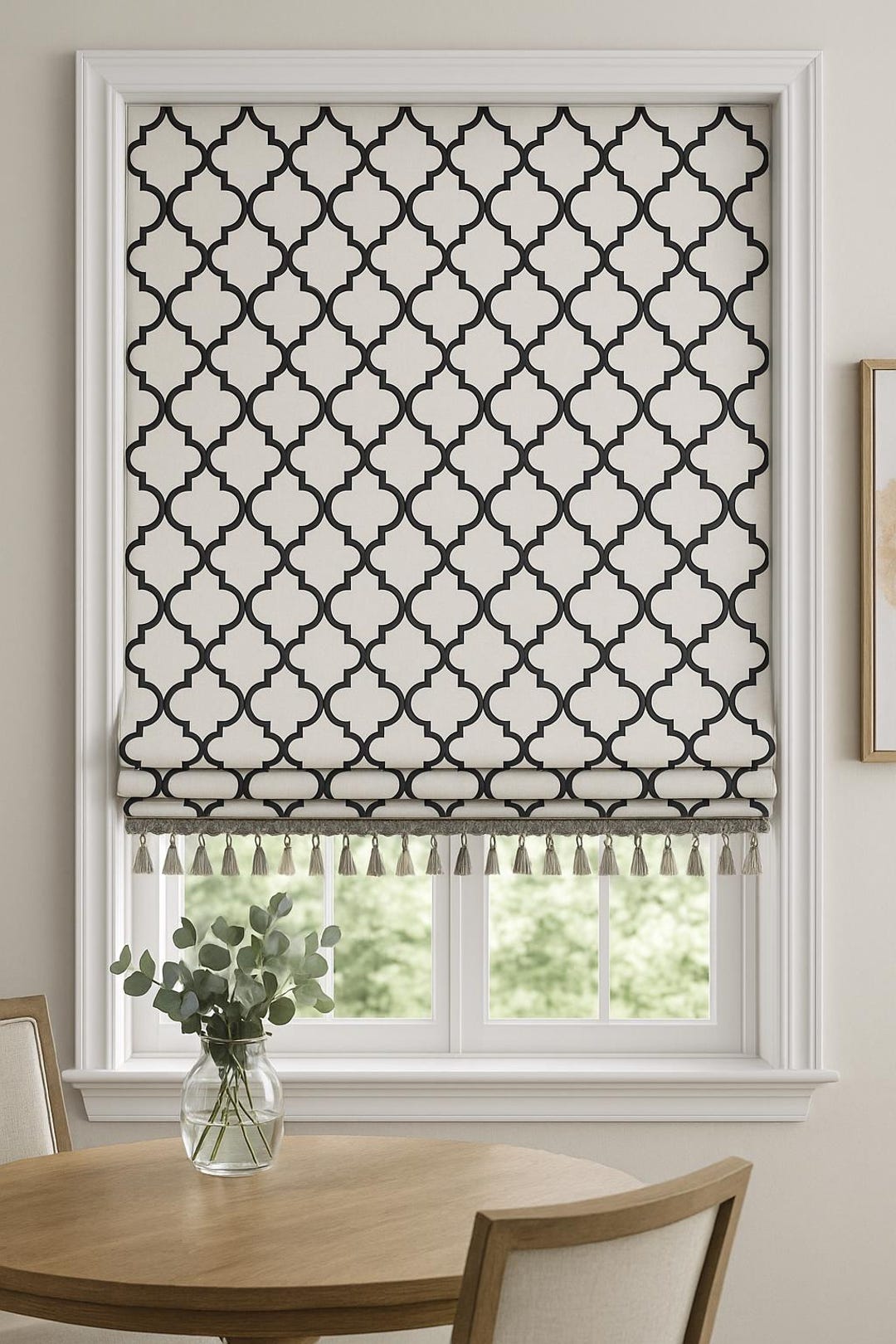 Luxury Roman Shade With Elegant Tassel Trim – Black & White Geometric ...