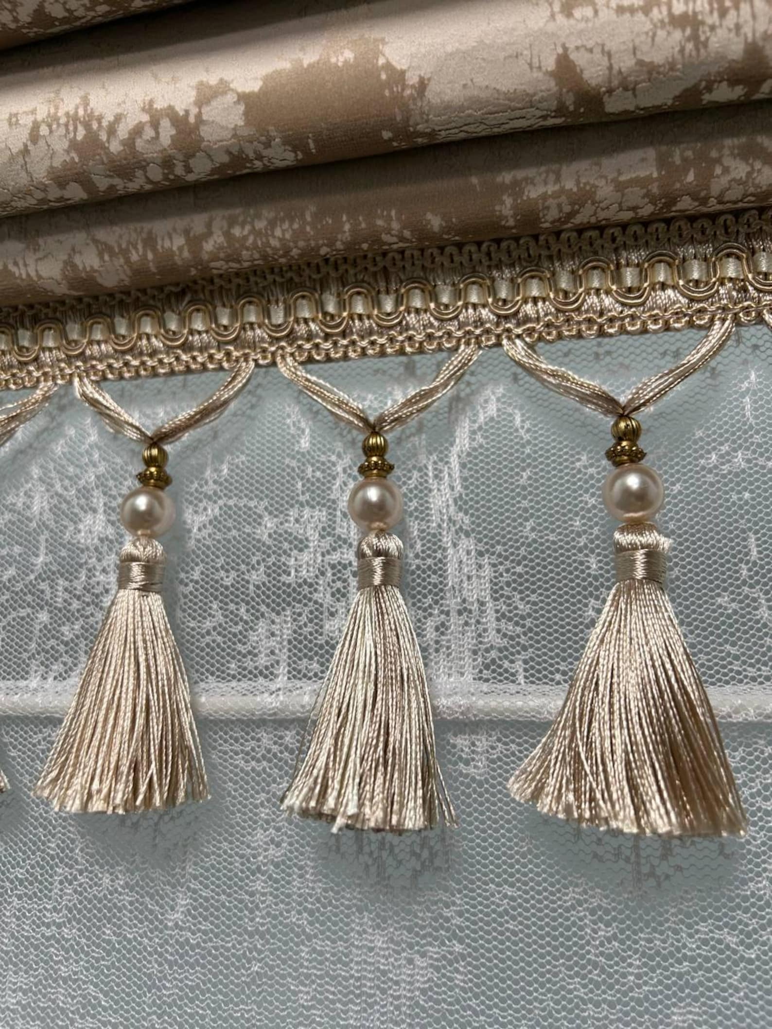 Elegant Velvet Textured Roman Shade With Tassel Trim – Beige & Cream ...