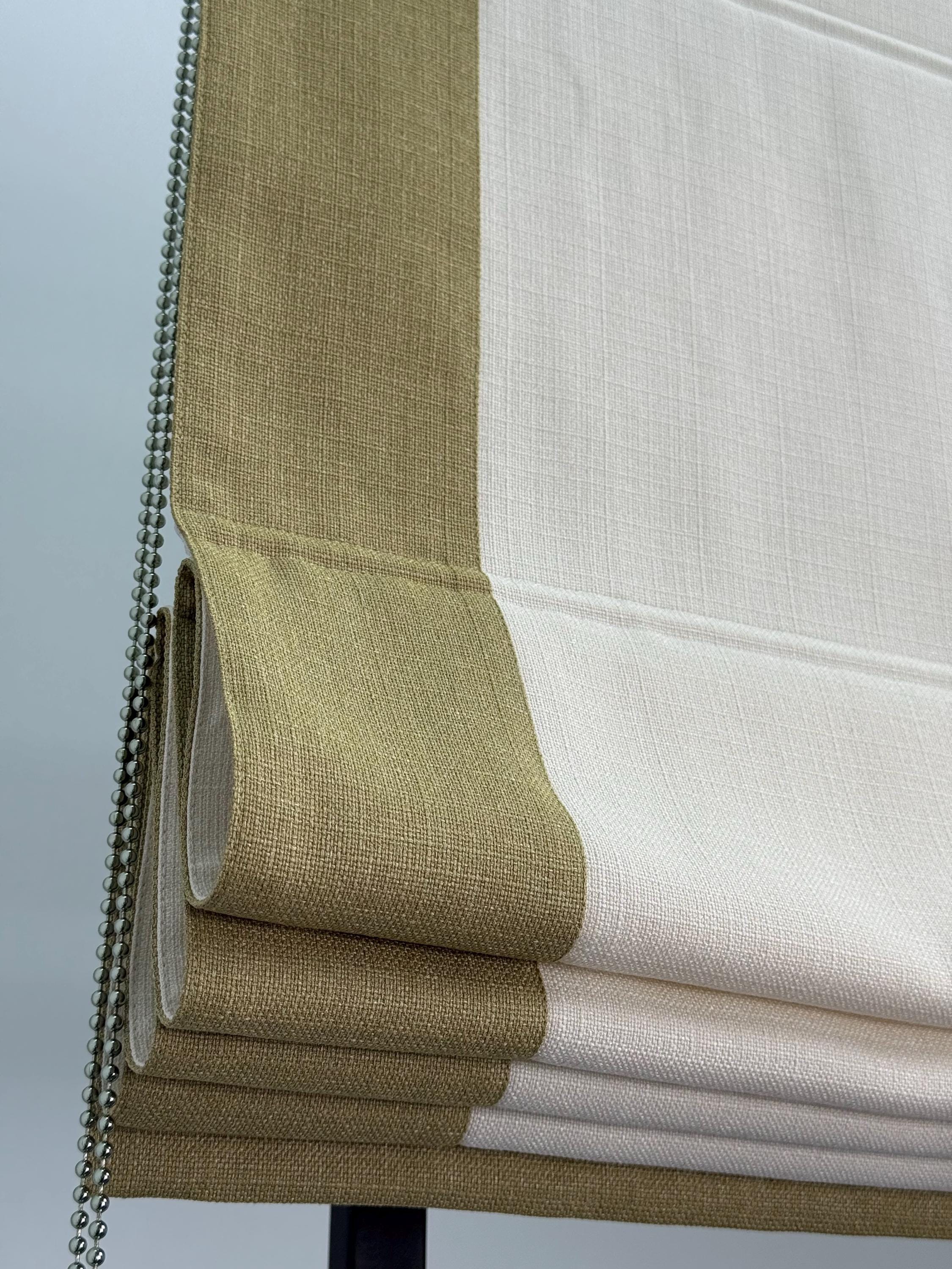 Roman Shade in Cream Linen-Look Fabric with Pastel Green Trim | Custom Neutral Window Blind