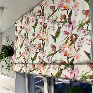Cotton Roman Shade with Tropical Monkeys and Flowers