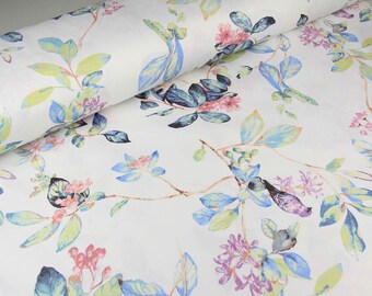 Botanical Cotton Fabric – Bird and Floral Print for Curtains, Kitchen Decor, Roman Shades, Cottage Style Home Decor
