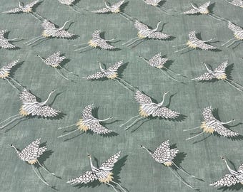 Cotton Curtain Fabric by the Yard – Flying Cranes Print, Green Bird Pattern, Upholstery & Pillow Material, UK Textile