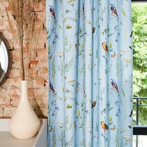 Tissu velours à imprimé oiseaux - Velours bleu pour rideaux - Velours botanique par mètre - Tissu d'ameublement doux