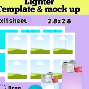 May include: A template for creating custom lighter designs. The template includes six 2.8x2.8 inch spaces for images. The template is designed to be printed on an 8.5x11 inch sheet of paper. The image shows a purple lighter with a blue sky and green grass design.
