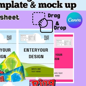 May include: Printable template for Ring Pop candy wrappers. The template includes two designs with the text "Enter Your Design" and a mock-up of a Ring Pop wrapper with a blue sky and green grass.