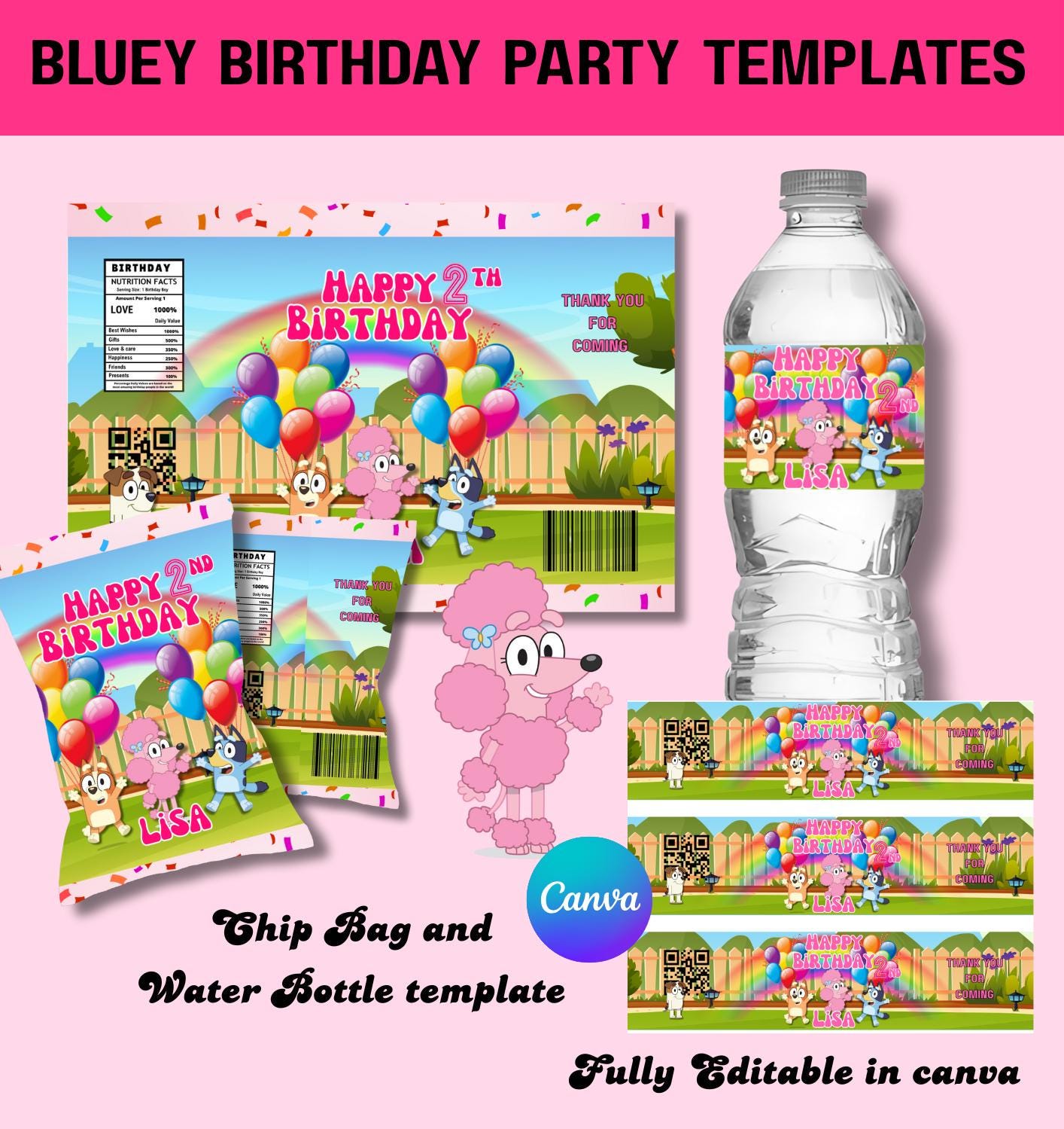 Pink Themed Water & Chip Labels