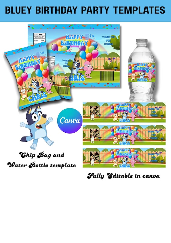 Bluey Birthday Party: Water Bottle & Chip Bag Labels (Printable PDF)