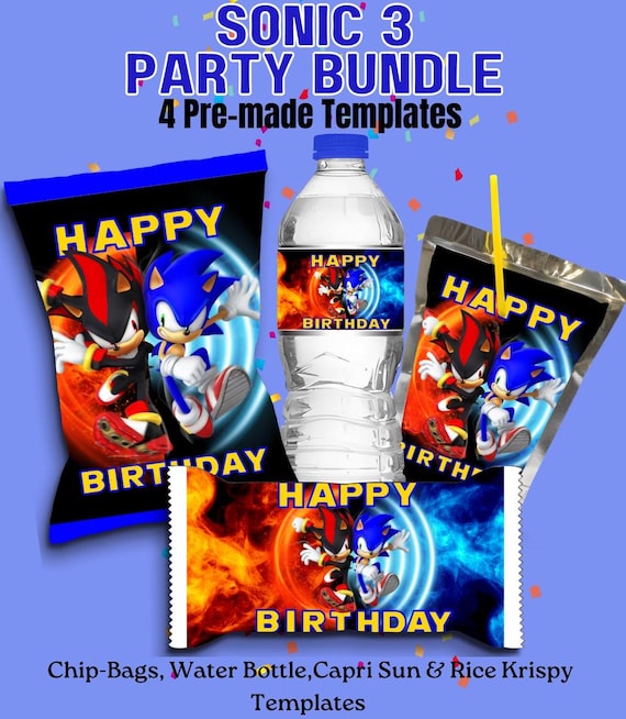 Sonic Birthday Party Favor Bundle: Chip Bag, Water Bottle, and More (Digital Download)