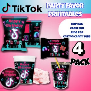 May include: Party favor printables featuring a TikTok theme. Includes chip bags, Capri Sun pouches, ring pops, and cotton candy tubs. Designs feature the TikTok logo, musical notes, and the words "Happy Birthday."