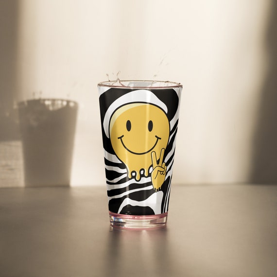 Made with Peace, Love, & Happiness Melty Smiley Peace Sign Pint Glass Glassware Party Cup Gift