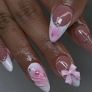 White French + pink aura + charms press on nails | Handmade Press on nails | Press ons