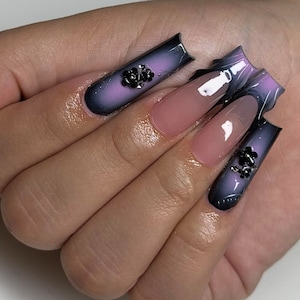 Black & Pink aura + 3d flowers  press on nails | Handmade Press on nails | Press ons