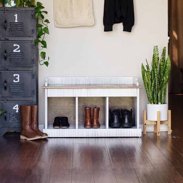 Entryway Bench with Storage |  Mudroom Shoe Seating | Amish Handmade Wood Bench Seat | Narrow Wooden Hallway, Modern Farmhouse Bench Decor