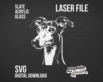 Op de afbeelding: Zwart-witte digitale illustratie van het hoofd van een Italiaanse windhond. De afbeelding is gelabeld met "Laser File" en "SVG Digital Download".