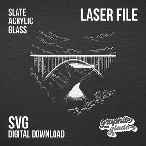 May include: Black and white line art illustration of a bridge over a river with mountains in the background. The text "LASER FILE" is at the top of the image. The text "SVG DIGITAL DOWNLOAD" is at the bottom of the image. The text "graphite glade" is at the bottom right of the image. The text "SLATE ACRYLIC GLASS" is at the top left of the image.