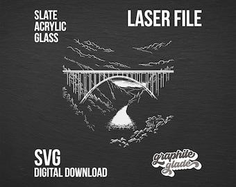 May include: Black and white line art illustration of a bridge over a river with mountains in the background. The text "LASER FILE" is at the top of the image. The text "SVG DIGITAL DOWNLOAD" is at the bottom of the image. The text "graphite glade" is at the bottom right of the image. The text "SLATE ACRYLIC GLASS" is at the top left of the image.