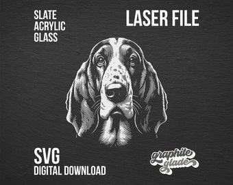 May include: Black and white line art illustration of a Bloodhound dog's head. The image is labeled "Laser File", "SVG Digital Download", and "graphite glade".