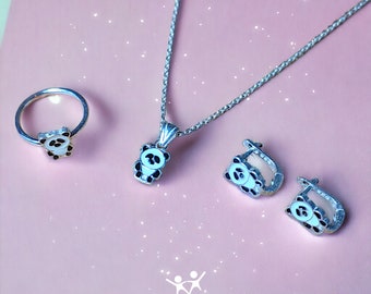 Ensemble de bijoux en argent panda filles panda boucles d'oreilles bague panda collier panda enfants cadeau pour filles cadeau pour fille cadeau pour enfants ensemble de bijoux