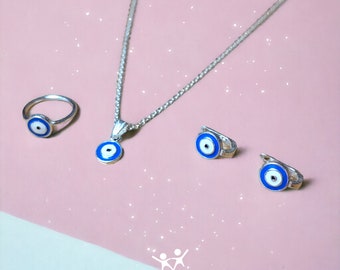 Siver Evil Eye Jewelry Set Conjunto de joyas para niñas Pendientes de mal de ojo para niños Anillo de mal de ojo Collar de mal de ojo Regalo para niñas Regalo para niños pequeños Joyería