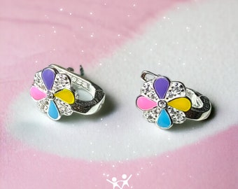 Pendientes de flores Pendientes de clip de plata para niñas Set Pendientes para niños Pendientes de colores Pendientes lindos florales Pendientes morados Pendientes de circonitas