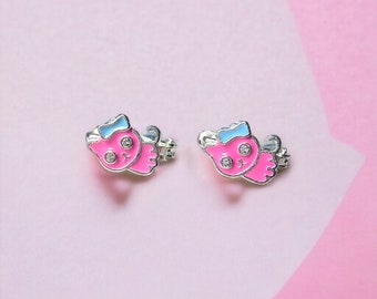 Pendientes de gato de plata Clip para niños en pendientes Pendientes de niñas Pendientes rosas Joyería de gato Pendientes de animales Pendientes lindos Gato Mamá Amantes de los gatos Regalo