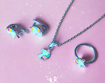 Siver Unicorn Jewelry Set Girls Jewelry Set Niños pendientes de unicornio anillo de unicornio collar de unicornio regalo para niñas regalo para niños conjunto de joyas