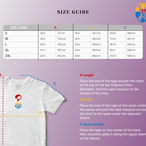 May include: Size guide chart for a t-shirt with measurements in inches and centimeters. The chart shows the size label, chest width, length, and sleeve length for sizes S, M, L, XL, and 2XL.