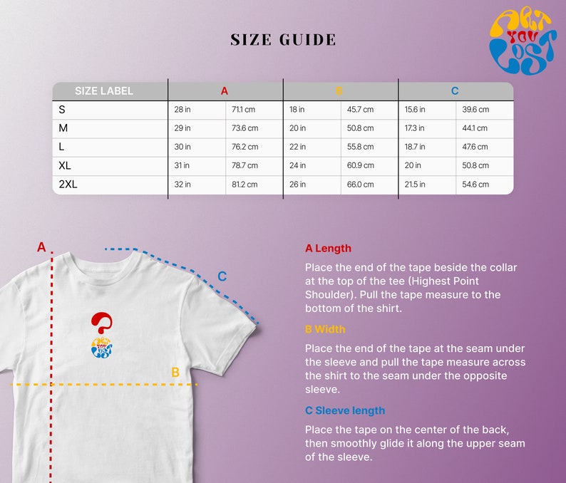 May include: Size guide chart for a t-shirt with measurements in inches and centimeters. The chart shows the size label, chest width, length, and sleeve length for sizes S, M, L, XL, and 2XL.