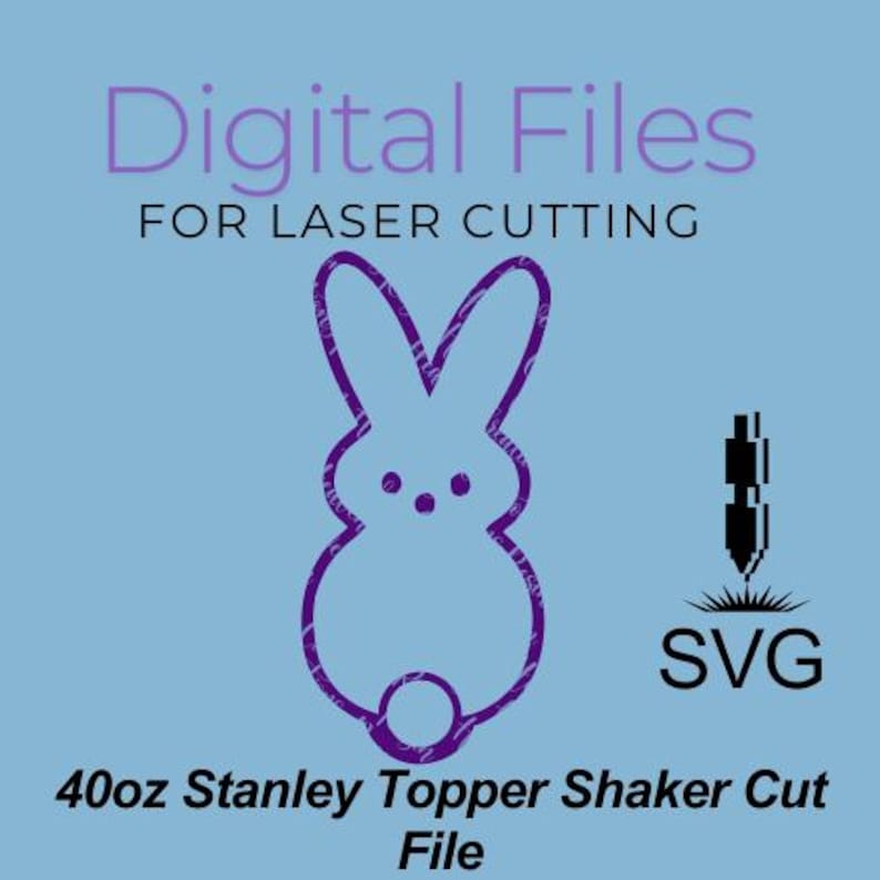 Peut inclure: Fichiers num&eacute;riques pour la d&eacute;coupe au laser d'un fichier de d&eacute;coupe de shaker pour topper Stanley de 40 oz. Le motif pr&eacute;sente un contour violet d'un lapin.