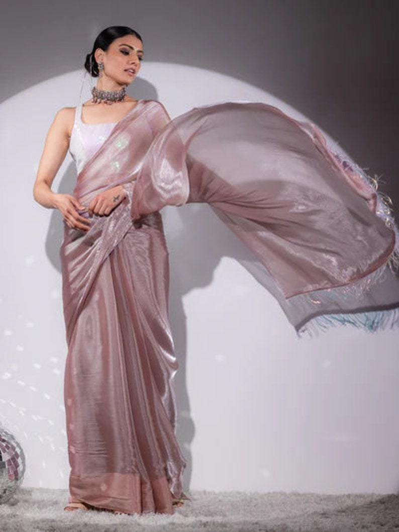Fancy Rosy Cloud Organza Satin Saree With Long Iridescent Lace Wedding light-pink-net-lengha-choli-indian-wedding-wear-lehenga-bridesmaid