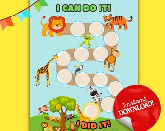 Tabla de recompensas de animales, tabla imprimible de entrenamiento para ir al baño para niños pequeños, tabla de pegatinas de la jungla, tabla de recompensas para niños, tabla de entrenamiento para ir al baño de animales