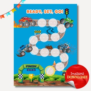Puede incluir: Un tablero de juego imprimible azul con una pista de carreras y monster trucks. Las palabras "READY, SET, GO!" están en la parte superior. La línea de meta tiene un trofeo de oro. Una pegatina roja dice "Instant DOWNLOAD!"