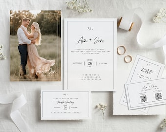 Minimalist Wedding Template Invitation Set With Photo Overlay, Monogram, QR Code, RSVP, Temple, Registry, Place Setting, Instant Download
