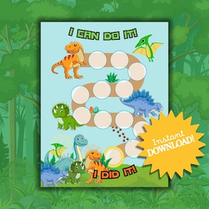 May include: A blue and green dinosaur-themed reward chart with the text "I CAN DO IT!" and "I DID IT!". The chart features cartoon dinosaurs, blank circles for rewards, and a yellow starburst that says "Instant DOWNLOAD!"