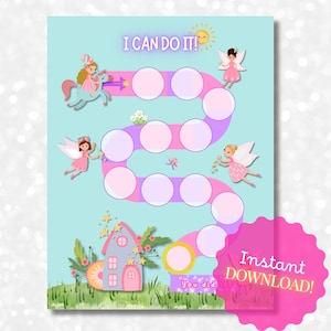 May include: A reward chart in light blue, featuring a path of circles, fairies, and a house. The text "I CAN DO IT!" is at the top, and "Instant DOWNLOAD!" is on a pink sticker. Designed for children.