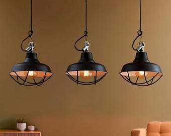 Industrial lampshade Barn Design Dome Pendant Lamp, Kitchen Triple Shade Hanging Ceiling Light Rustic Hanging Lighting Dining Room