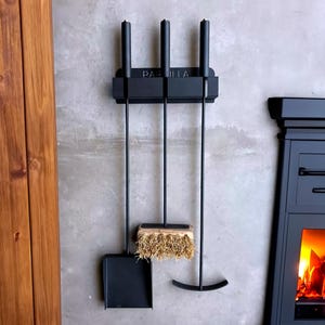 Forged fireplace tools 3 pieces and wall stand, Fireplace poker, Fireplace Tongs, Shovel, Broom, fireplace accessory decor fire pit barbecue