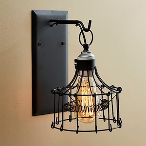 Lámpara de pared antigua hecha a mano con forma de jaula de alambre, color óxido, diseño rústico vintage de granja, lámpara de aplique industrial de hierro para interiores, estilo granero