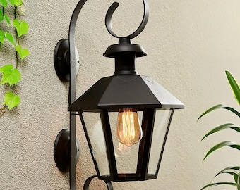 Iron Colonial Style Wall Lantern With Double Curl and 6 sides - Antique Design Lighting Porche Patio Yard Garden Light Rustic Outdoor Sconce