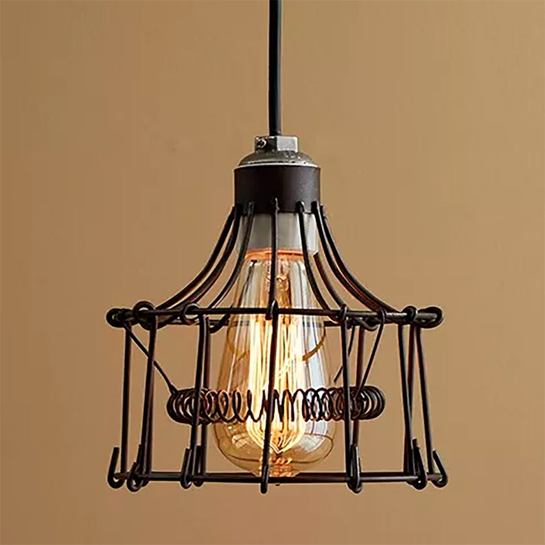 Antique Wire Cage Industrial Pendant Light Vintage Rust Color Ceiling Lamp Adjustable Height Country & Farmhouse Barn Hanging Lighting Black