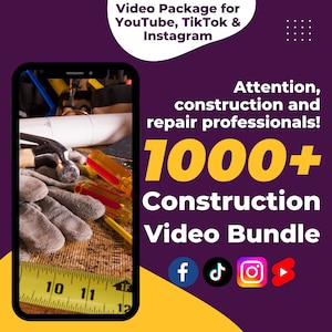 Puede incluir: Un gráfico amarillo y morado con el texto "Video Package for YouTube, TikTok & Instagram" y "¡Atención, profesionales de la construcción y la reparación! 1000+ Construction Video Bundle". El gráfico también incluye iconos de redes sociales para Facebook, TikTok, Instagram y YouTube.
