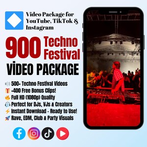 Pode incluir: Um smartphone exibe um vídeo de um festival de música techno. A tela é cercada por texto que anuncia um pacote de vídeo para YouTube, TikTok e Instagram, incluindo 900 vídeos, clipes bônus e qualidade Full HD. Ícones de mídia social estão na parte inferior.