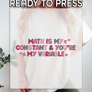 May include: White t-shirt with a pink and gray graphic that reads "Math is my π constant & you're π my variable" with pink hearts.
