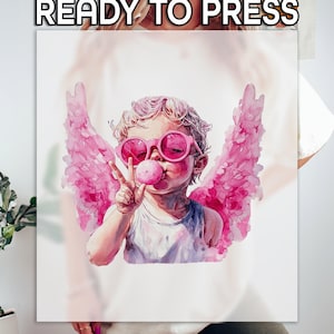 Baby Angel Ready to Press DTF, Retro Cupid Print, Heat Press DTF Transfer, Blowing Bubble Print, Couple Match DTF, Valentine&#39;s Day Print