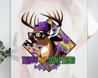 Mardi Gras Deer Ready to Press DTF, Mardi Gras Hunting Print, Heat Press DTF Transfer, Throw Me Something Mister Print, Fleur De Lis DTF