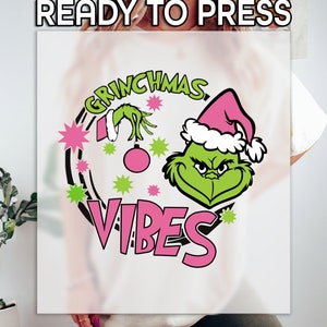 Grinchmas Vibes Ready to Press DTF, Grinchy Hand Print, Heat Press DTF Transfer, Grinchy Lover Print, Pink Santa Hat DTF, Xmas Green Monster