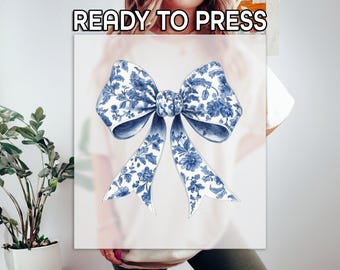 Floral Coquette Ready to Press DTF, Blue Flowers Print, Heat Press DTF Transfer, Gift For Her Print, Ribbons Lover DTF, Retro Bow Print