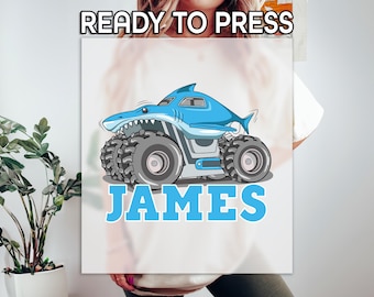 Personalized Monster Truck DTF Transfer, Custom Name Shark Truck Design, Ready to Press, Blue Kids Vehicle Print, Monster Truck DTF