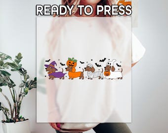 Halloween Dachshund DTF Transfer, Cute Dog Costume Design DTF, Witch Pumpkin Mummy Ghost Print, Halloween Gift, Weenie Dog Halloween DTF