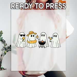 May include: White graphic featuring four cartoon ghosts enjoying summer activities. One ghost wears sunglasses and eats ice cream, another wears a hat and floatie, one grills, and the last has a cocktail. Text at the top reads "READY TO PRESS".